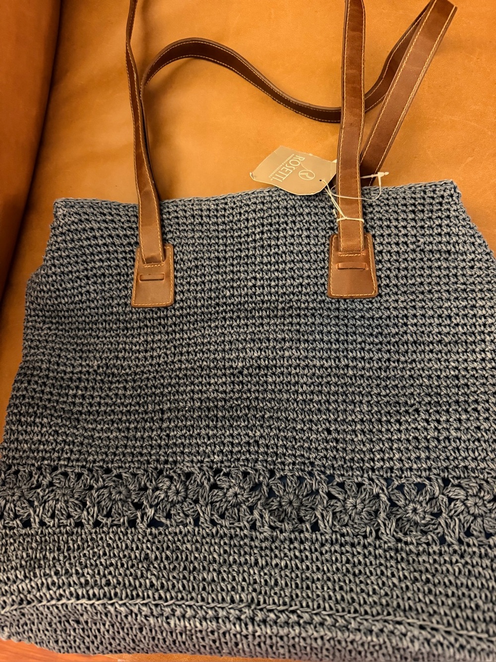 Rosetti Knit Tote with Brown Leather Handles - navy blue - Picture 2 of 6